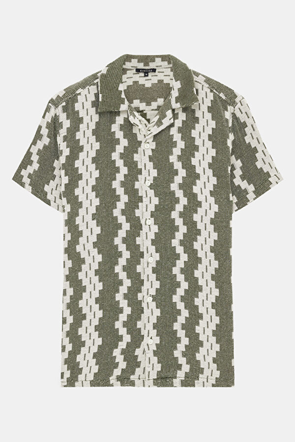 Relax Kalıp Haki Desenli Retro Erkek Gömlek