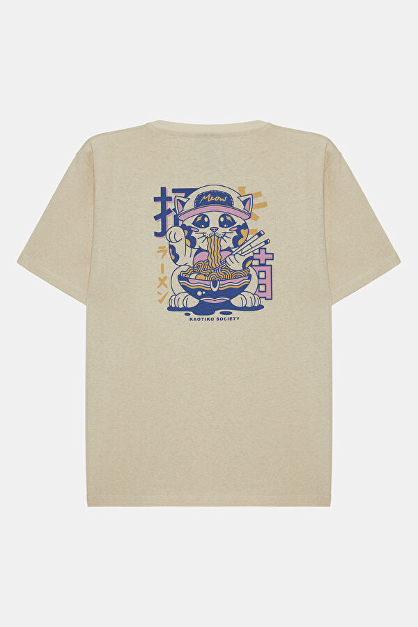 Relax Kalıp Krem Bisiklet Yaka Baskılı T-Shirt 2