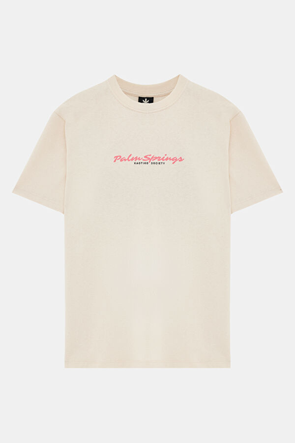 Relax Kalıp Krem Bisiklet Yaka Baskılı T-Shirt