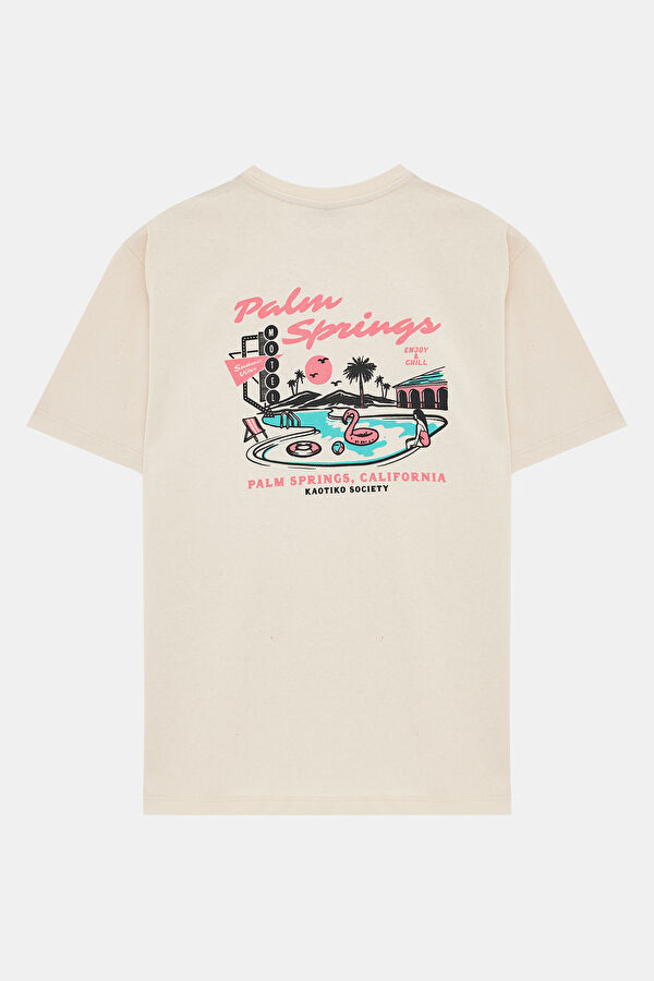 Relax Kalıp Krem Bisiklet Yaka Baskılı T-Shirt 2
