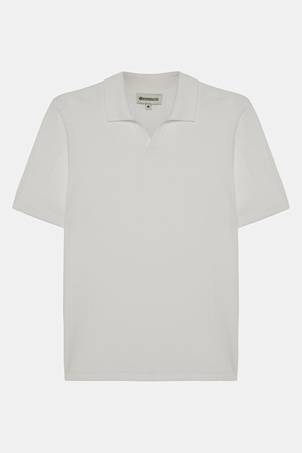 Ekru Polo Yaka Çizgili Desenli T-Shirt