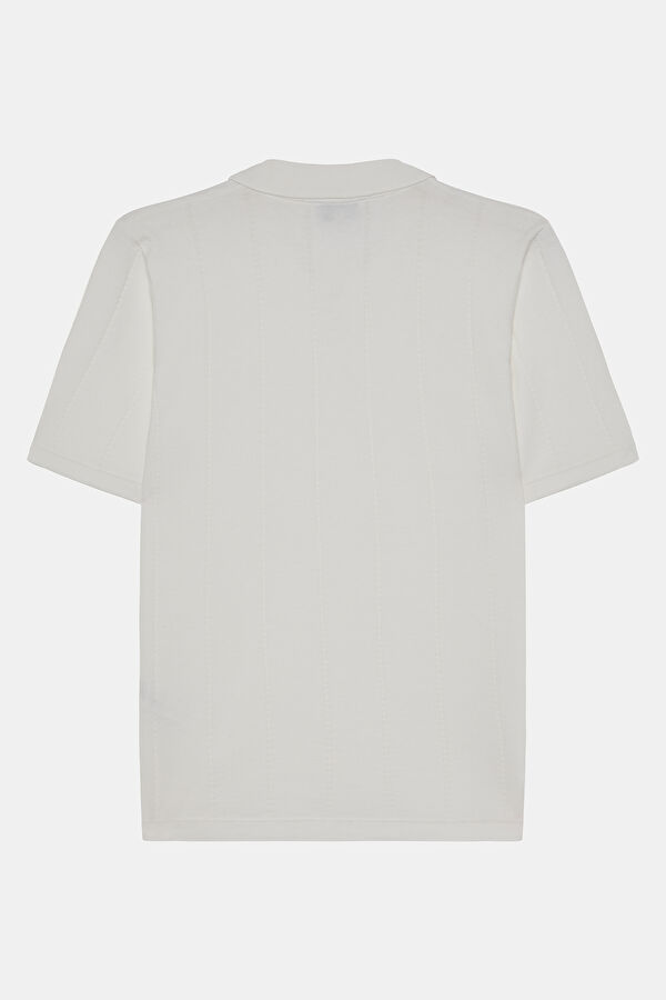 Ekru Polo Yaka Çizgili Desenli T-Shirt 2