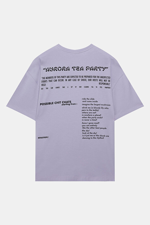 Oversize Mor Bisiklet Yaka Baskılı T-Shirt 5