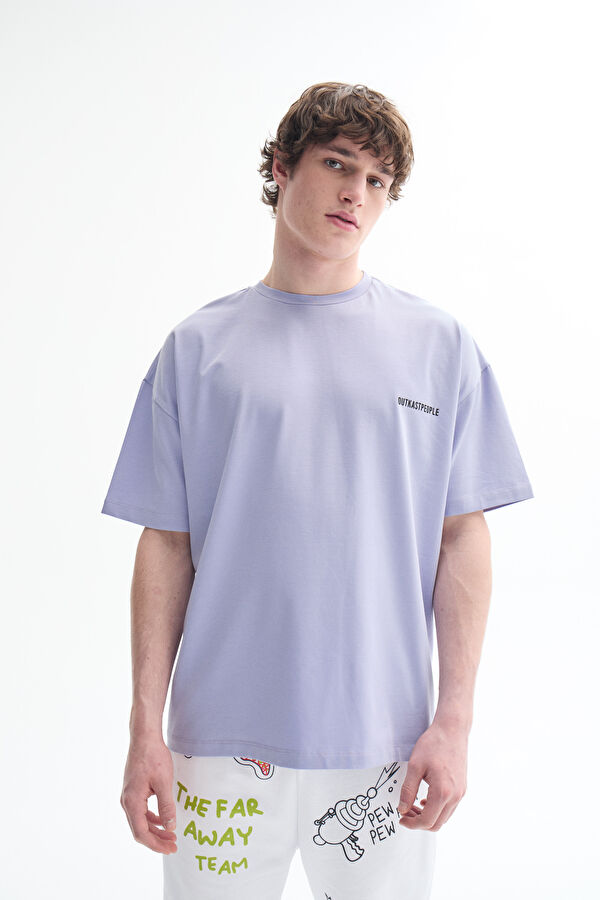 Oversize Mor Bisiklet Yaka Baskılı T-Shirt