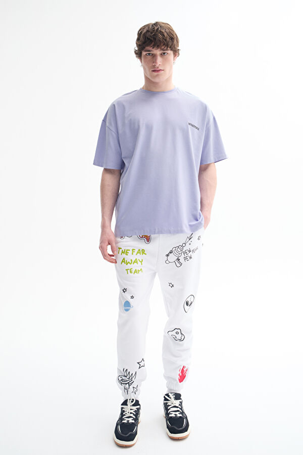Oversize Mor Bisiklet Yaka Baskılı T-Shirt 2