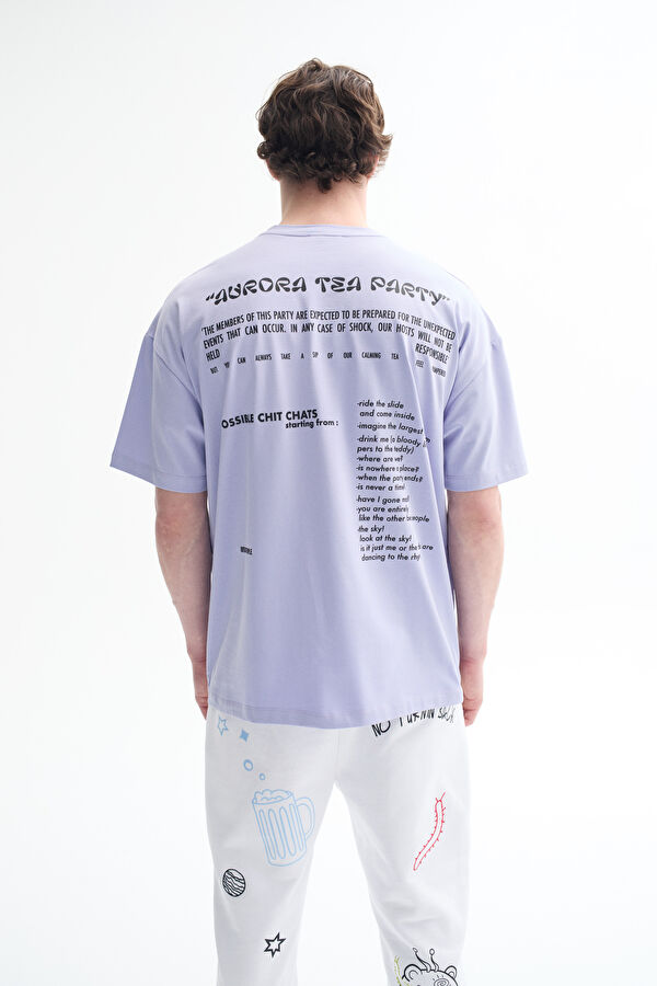 Oversize Mor Bisiklet Yaka Baskılı T-Shirt 3