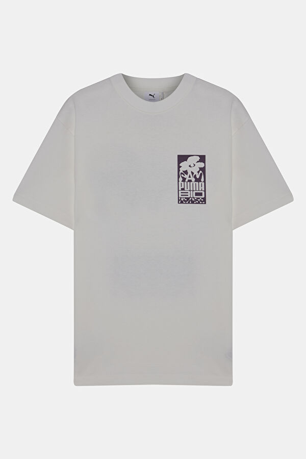 Beyaz Bisiklet Yaka Baskılı T-Shirt