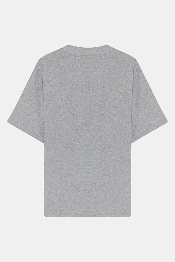Relax Kalıp Gri Bisiklet Yaka Baskılı Erkek T-Shirt 2