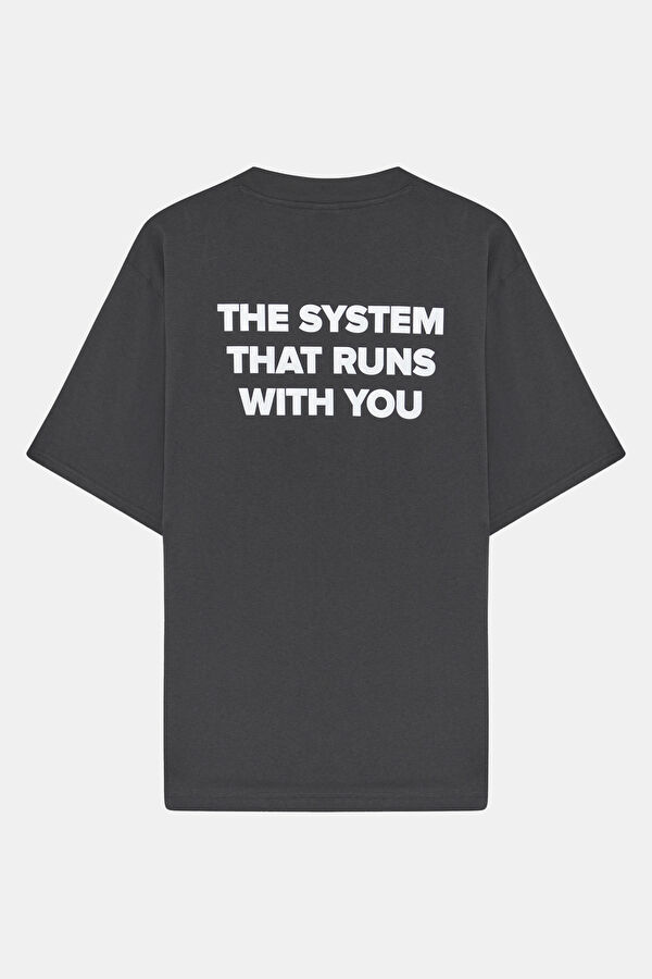Relax Kalıp Antrasit Bisiklet Yaka Baskılı T-Shirt 2