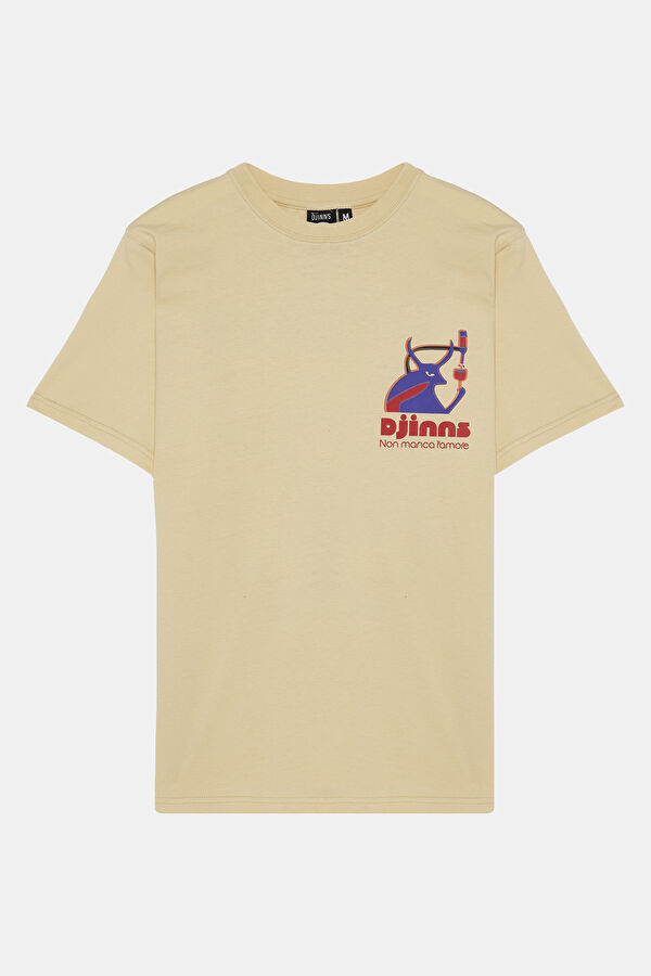 Relax Kalıp Bej Bisiklet Yaka Baskılı T-Shirt
