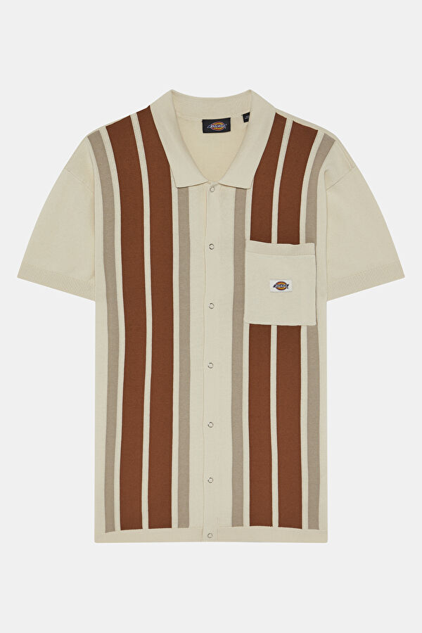 Relax Kalıp Krem Polo Yaka Çizgili Desenli T-Shirt