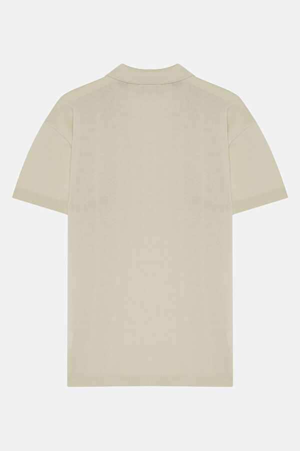Relax Kalıp Krem Polo Yaka Çizgili Desenli T-Shirt 2