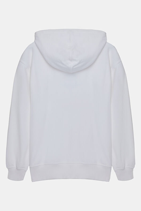 Beyaz Relax Kalıp Kapuşonlu Sweatshirt 2