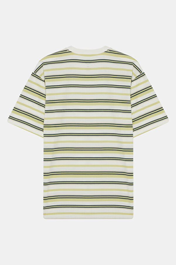 Relax Kalıp Krem Bisiklet Yaka Çizgili Desenli T-Shirt 2