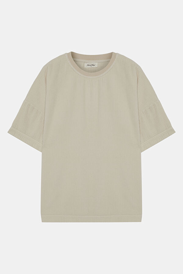 Oversize Ekru Bisiklet Yaka T-Shirt