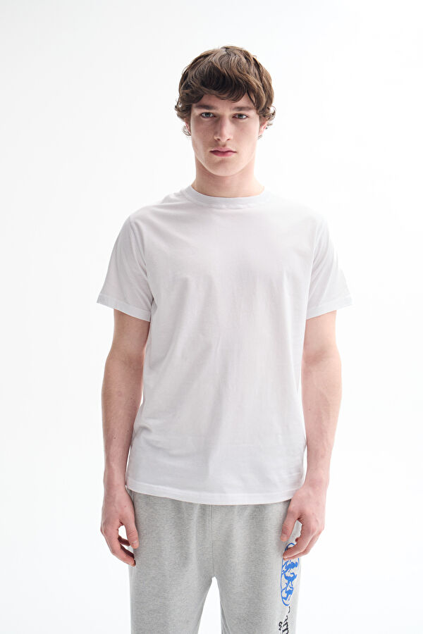Beyaz Bisiklet Yaka T-Shirt