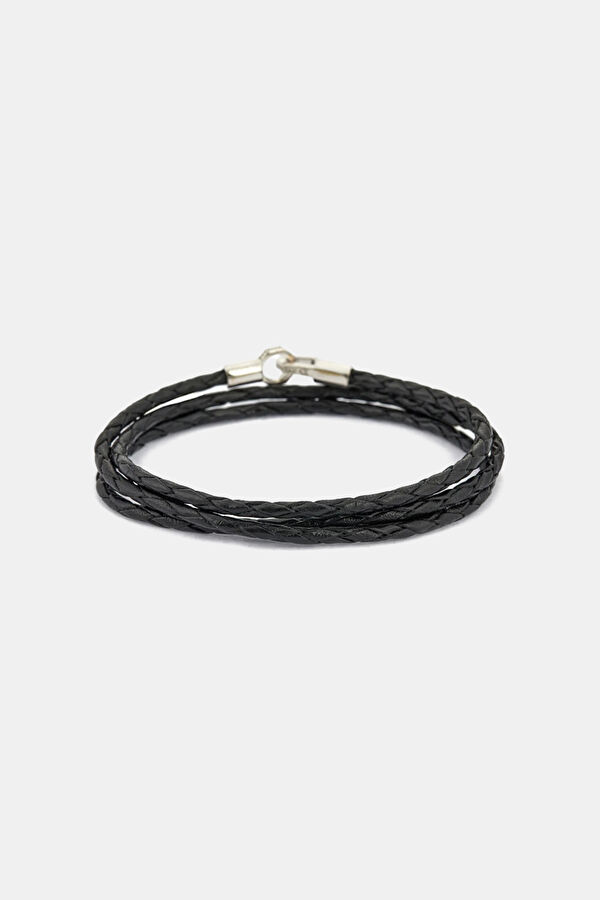 Silver Black Three-Layer Leather Bracelet
