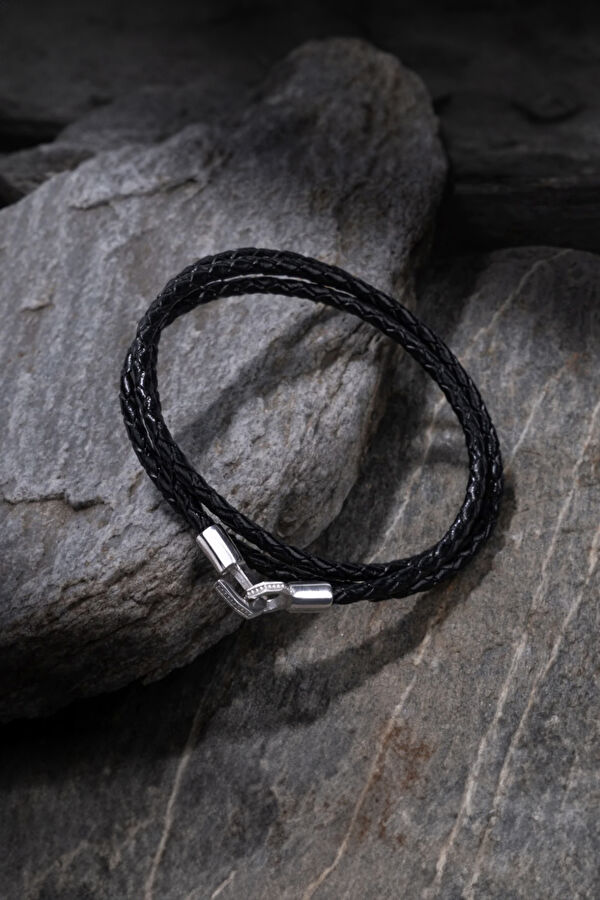Silver Black Three-Layer Leather Bracelet 3