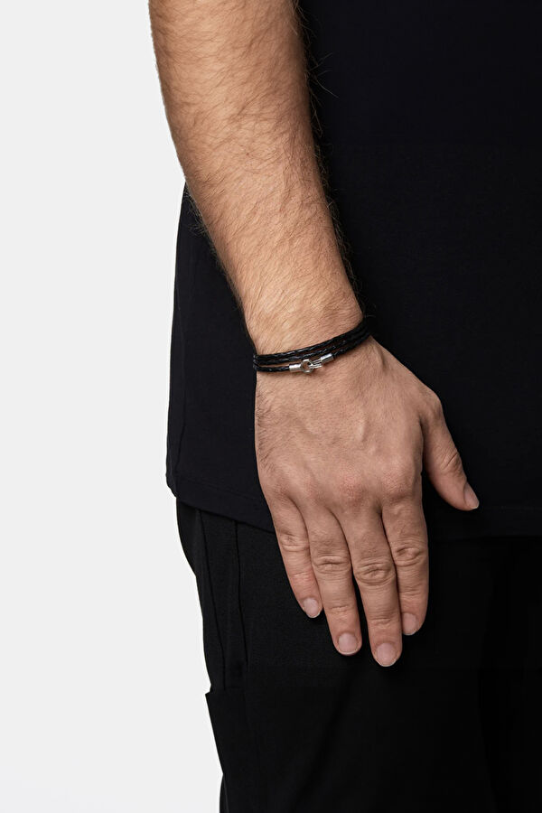 Silver Black Three-Layer Leather Bracelet 4
