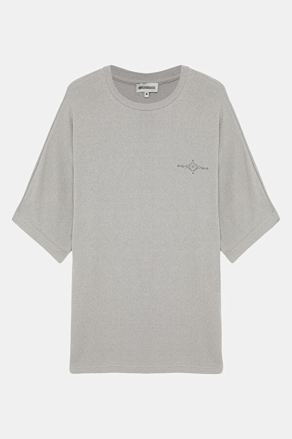 Gray Crew Neck Embroidered T-Shirt