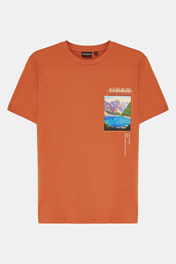 Relax Kalıp Turuncu Bisiklet Yaka Baskılı T-Shirt