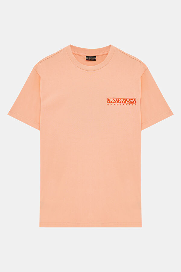 Relax Kalıp Açık Turuncu Bisiklet Yaka Baskılı T-Shirt