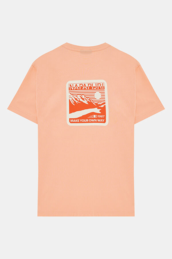 Relax Kalıp Açık Turuncu Bisiklet Yaka Baskılı T-Shirt 2