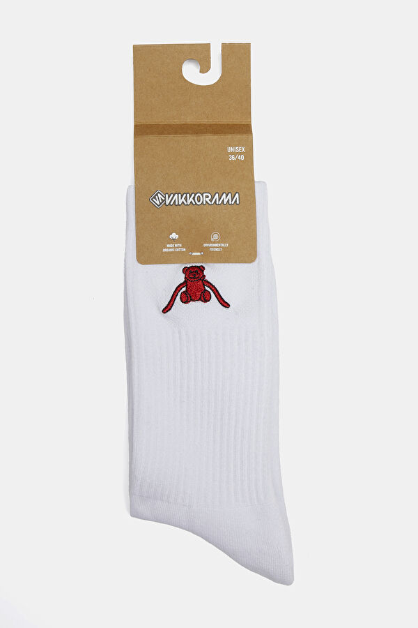 Koukie Nakışlı Organik Beyaz Kırmızı Çorap 7