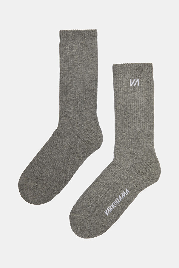 Basic Amblemli Organik Gri Melanj Beyaz Çorap