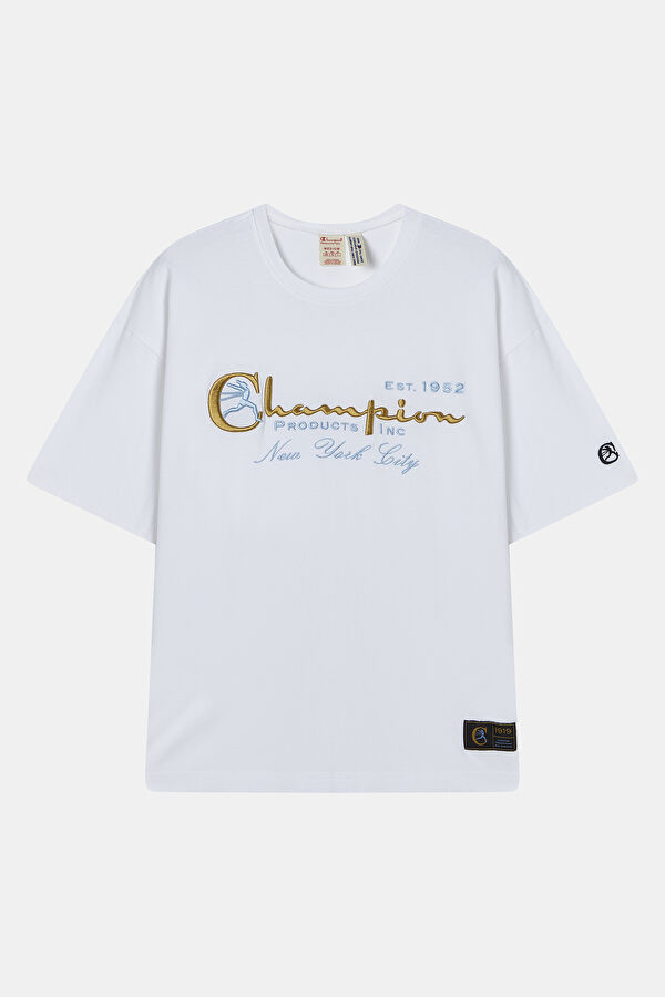 Oversize Beyaz Bisiklet Yaka Baskılı T-Shirt