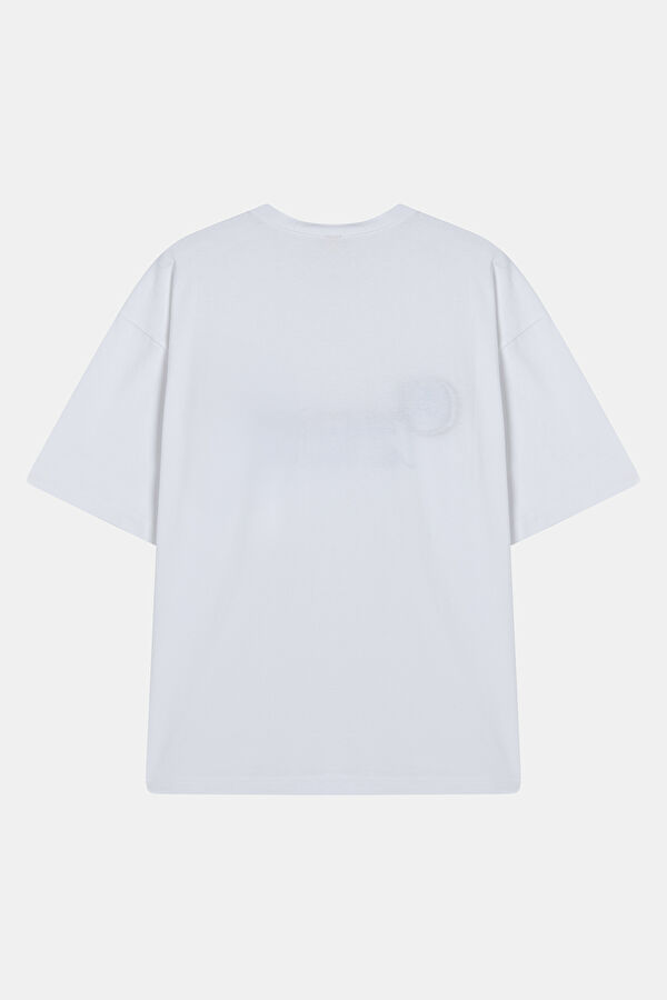 Oversize Beyaz Bisiklet Yaka Baskılı T-Shirt 2