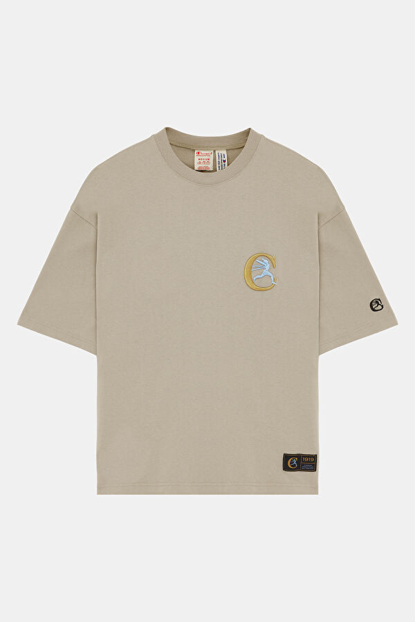 Oversize Bej Bisiklet Yaka Nakışlı T-Shirt
