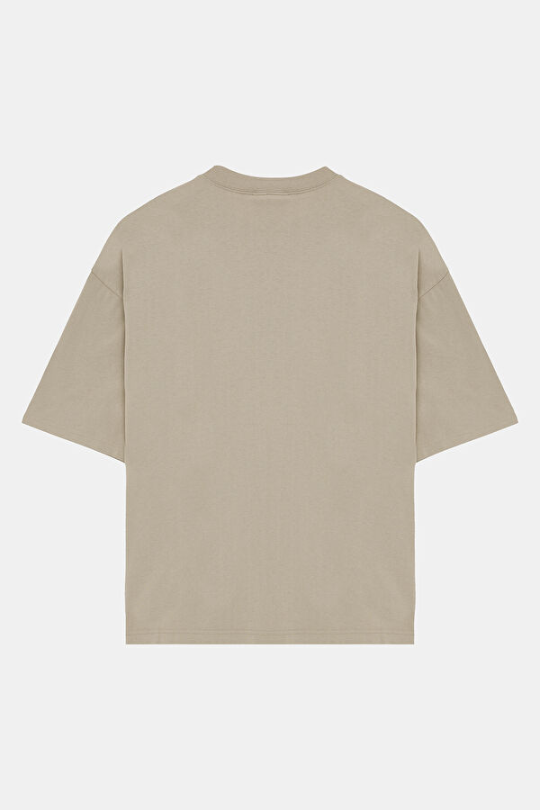 Oversize Bej Bisiklet Yaka Nakışlı T-Shirt 2