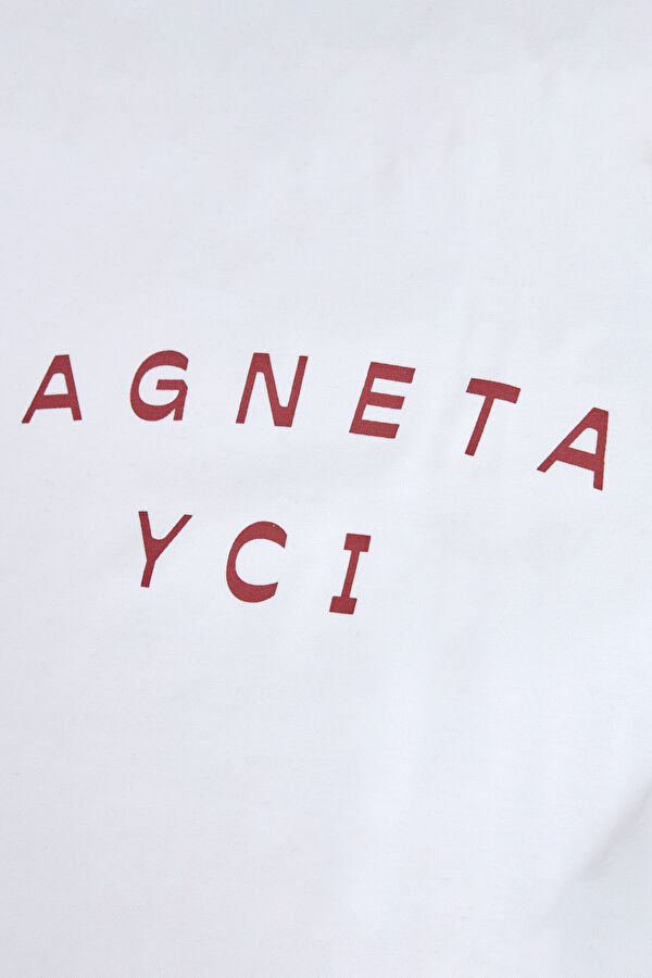 Relax Kalıp Beyaz Bisiklet Yaka Baskılı T-Shirt 2