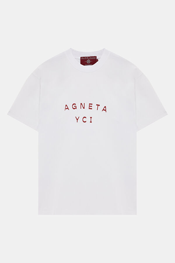 Relax Kalıp Beyaz Bisiklet Yaka Baskılı T-Shirt