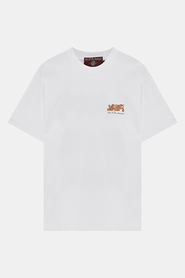 Relax Kalıp Beyaz Bisiklet Yaka Baskılı T-Shirt