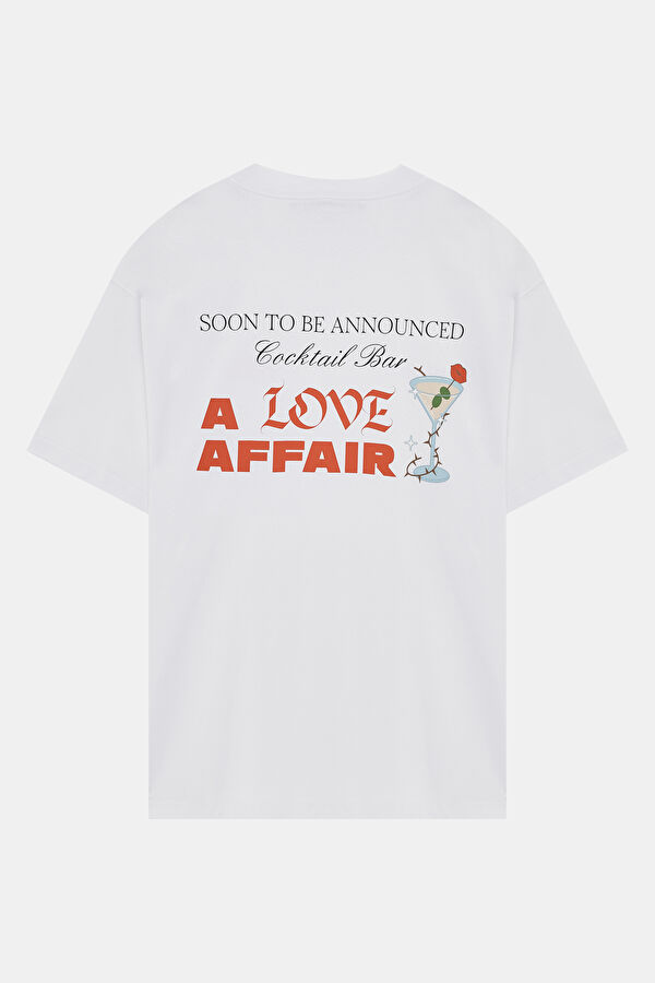 Relax Kalıp Beyaz Bisiklet Yaka Baskılı T-Shirt 2