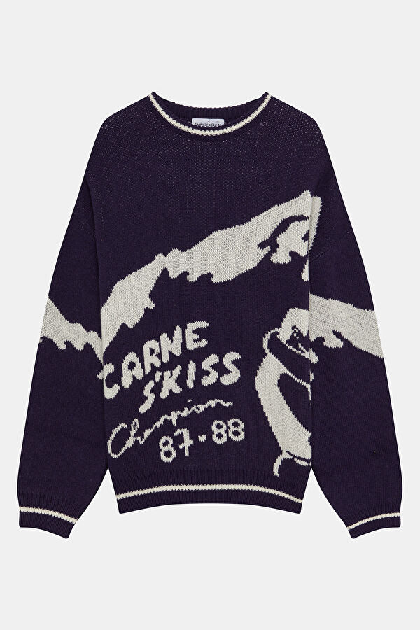 Navy Blue Patterned Wool Knit Men's Sweater