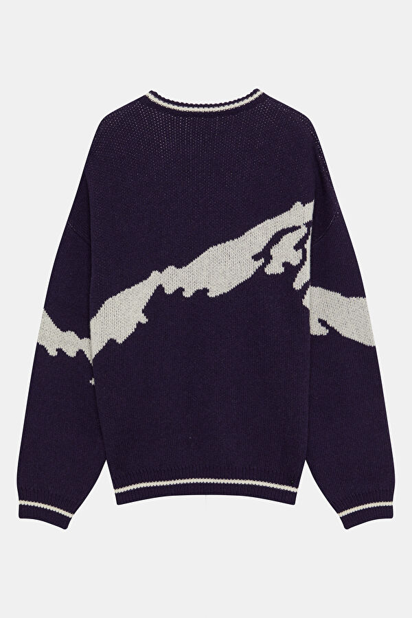 Navy Blue Patterned Wool Knit Men's Sweater 2