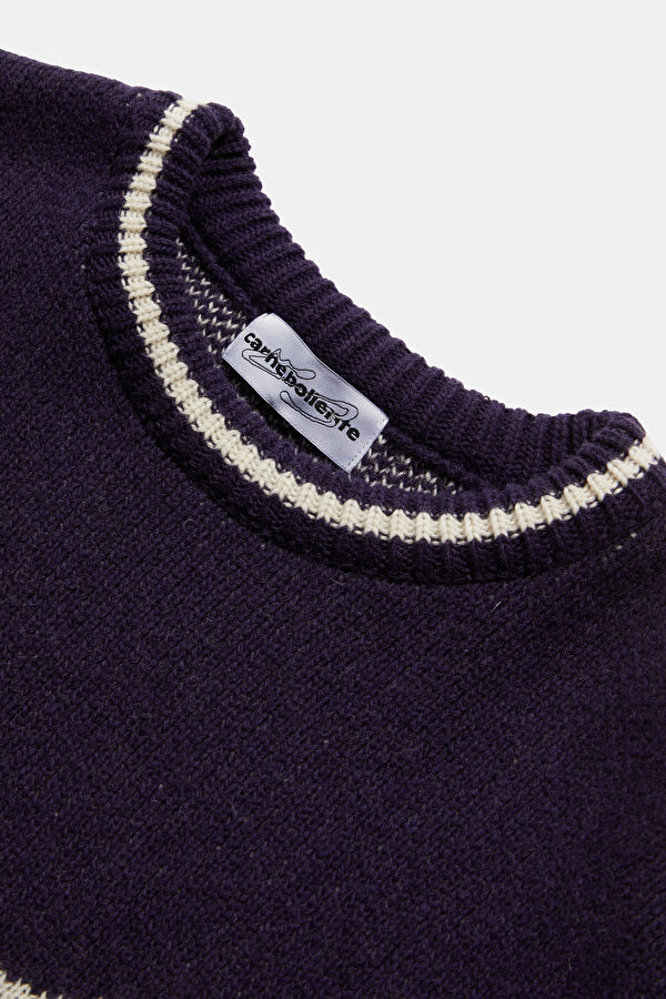 Navy Blue Patterned Wool Knit Men's Sweater 3