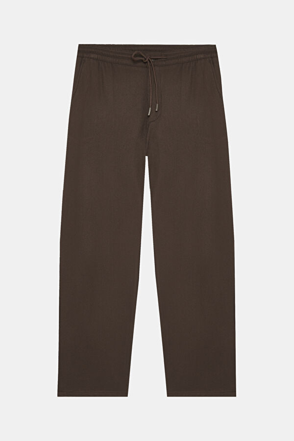 Coffee-colored, straight-leg men's trousers.