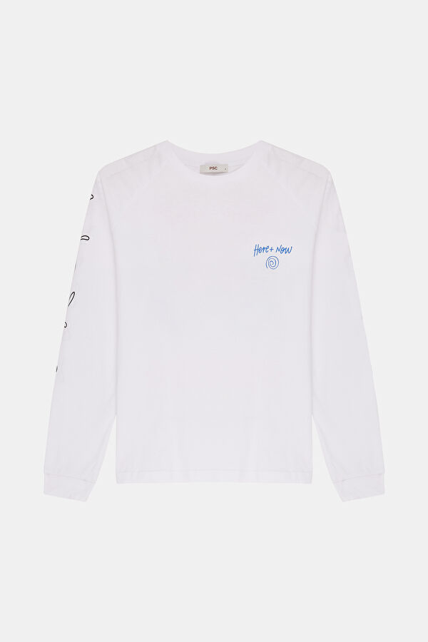 Beyaz Bisiklet Yaka Baskılı T-Shirt