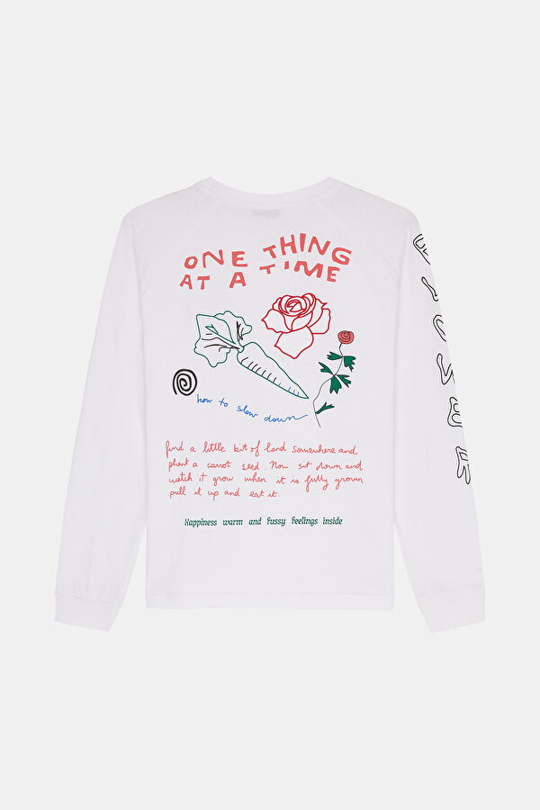 Beyaz Bisiklet Yaka Baskılı T-Shirt 2