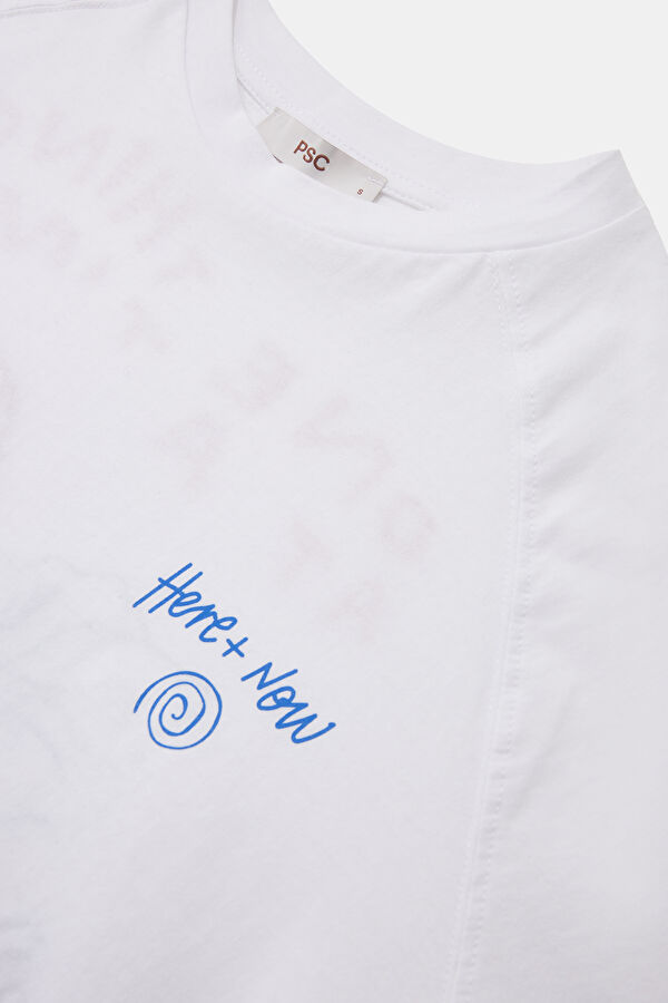 Beyaz Bisiklet Yaka Baskılı T-Shirt 3