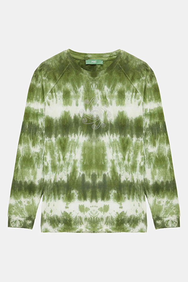 Yeşil Bisiklet Yaka Batik Kadın T-Shirt