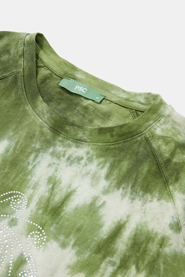 Yeşil Bisiklet Yaka Batik Kadın T-Shirt 3