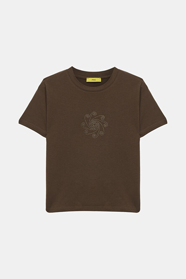 Kahve Bisiklet Yaka Baskılı Kadın T-Shirt
