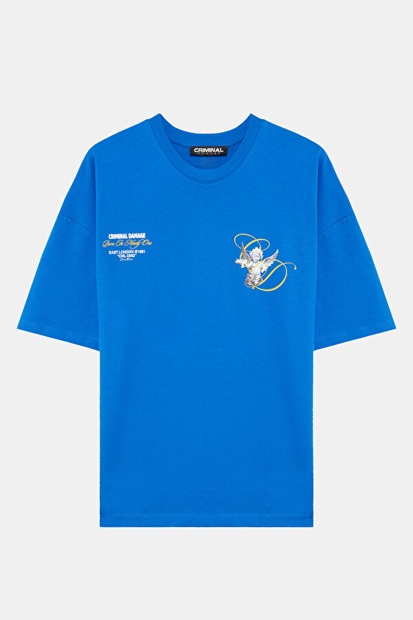 Relax Kalıp Mavi Bisiklet Yaka Baskılı T-Shirt