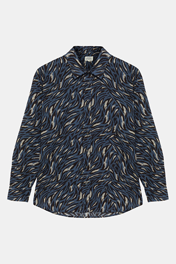 Blue Patterned Mandarin Collar Women's Shirt
