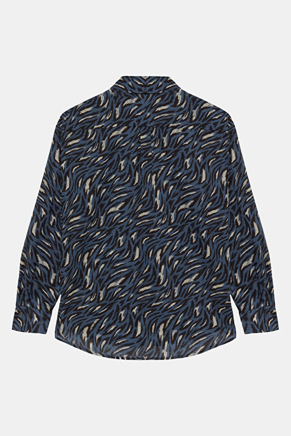 Blue Patterned Mandarin Collar Women's Shirt 2